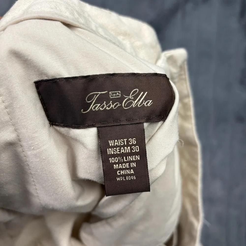 Tasso Elba Mens 100% Linen Pants Beige Flat Front Trousers 36x30 (Actual 36x26)